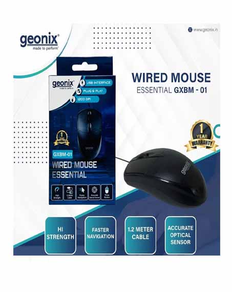 Geonix GXBM-01 Essential Wired Mouse – USB, Optical Sensor, 1.2M Cable (1 Year Guarantee)